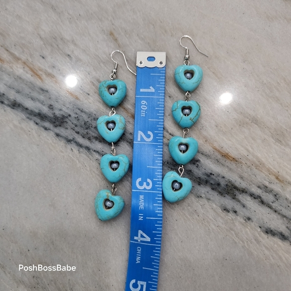 Long Turquoise Heart Drop Earrings – 4" Boho Statement Dangles - Picture 6 of 6